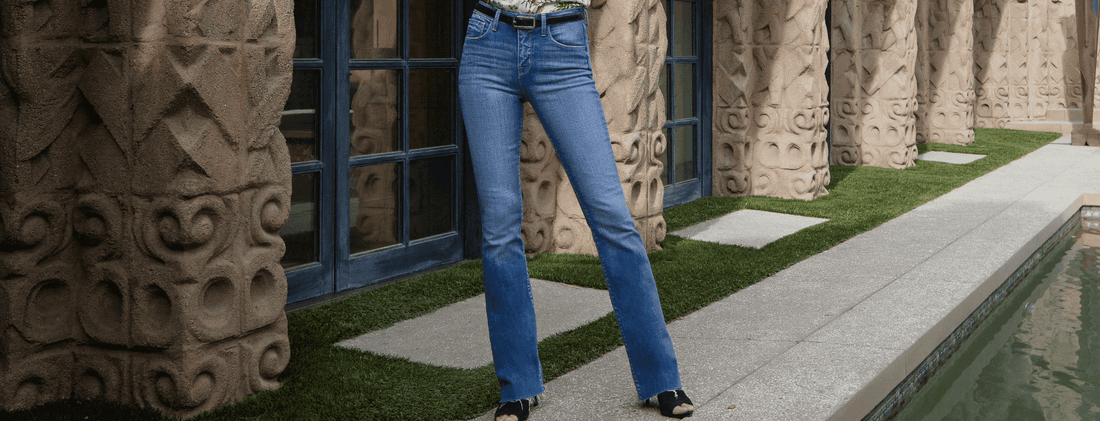 Model wearing L’Agence Ruth high-rise straight jeans – luxury designer denim collection at Steven Dann
