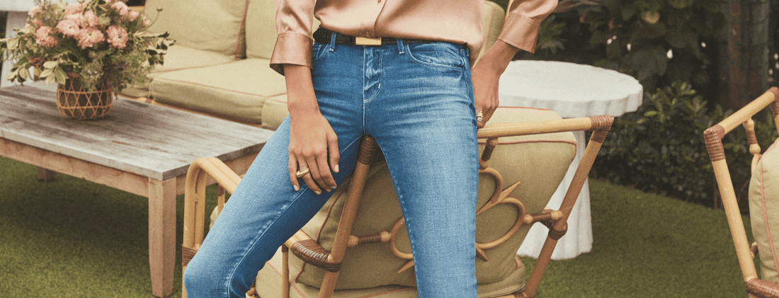 Model wearing L’Agence Selma mid-rise skinny jeans – designer denim collection at Steven Dann