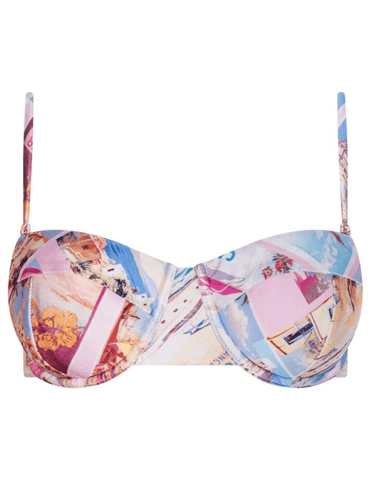 L'Agence - PRE-ORDER-L'AGENCE Alexandria Balconette Bikini Top in Light Pink Multi Postcard Print - Buy Online