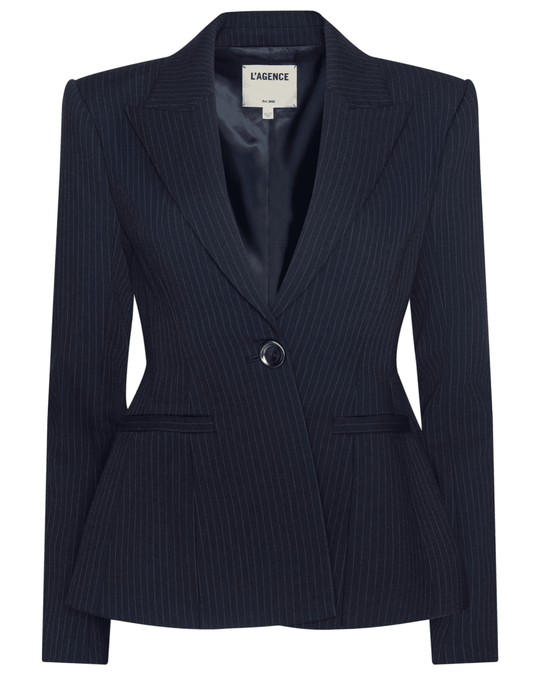 PRE-ORDER-L'AGENCE Therese Cinched Waist Blazer in Midnight Ivory Pinstripe