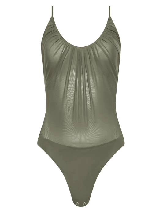 PRE-ORDER-L'AGENCE Gelina Ruched Scoop-Neck Bodysuit in Smokey Olive