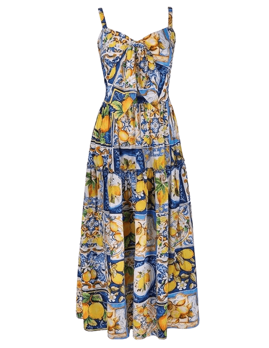 St. Barths Darla Tie Front Midi Dress In Blue Amalfi Lemon