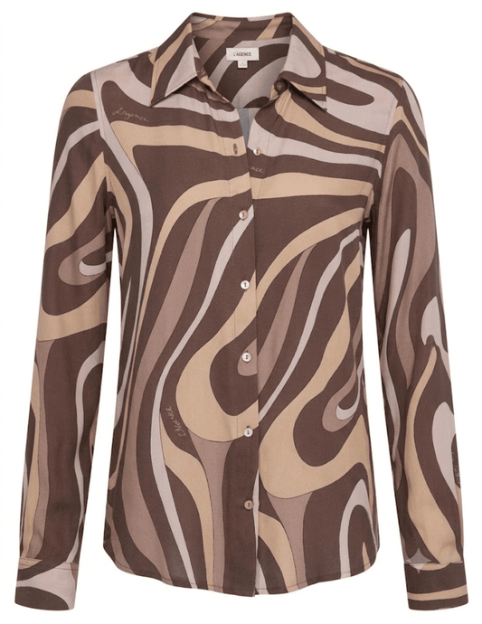 L'AGENCE Nina Long Sleeve Blouse in Sepia Brown Multi Abstract Swirl