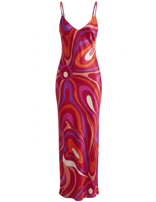 PRE-ORDER-St. Barths La Robe Marcella Printed Maxi Dress in Red Pink Swirl