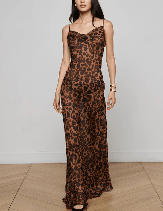 L'Agence - PRE-ORDER-L'AGENCE Christine Cowl Neck Maxi Dress in Brown Multi Amur Leopard - Buy Online
