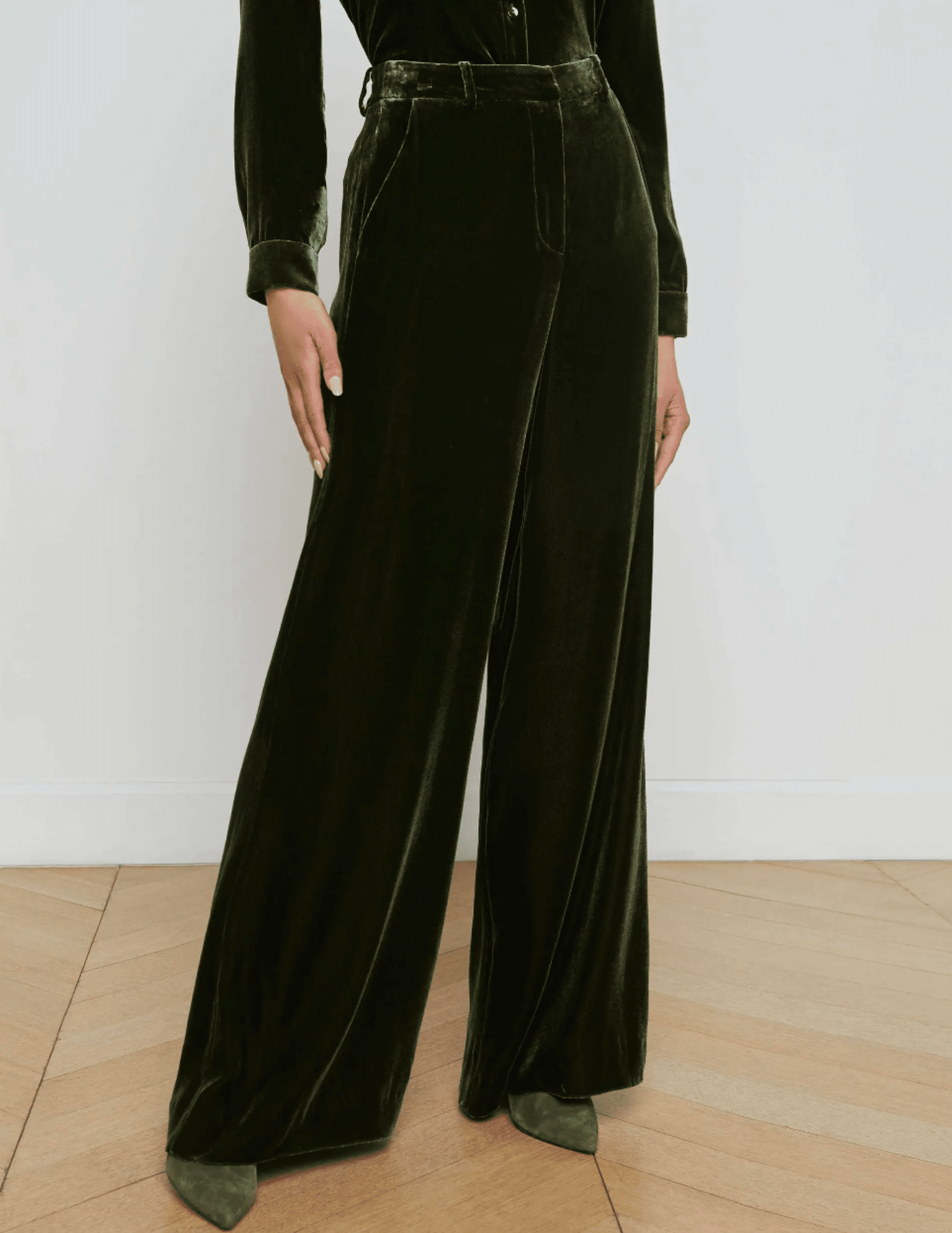 L'Agence - L'AGENCE Pilar Velvet Wide Leg Pant in Deep Olive-SALE - Buy Online