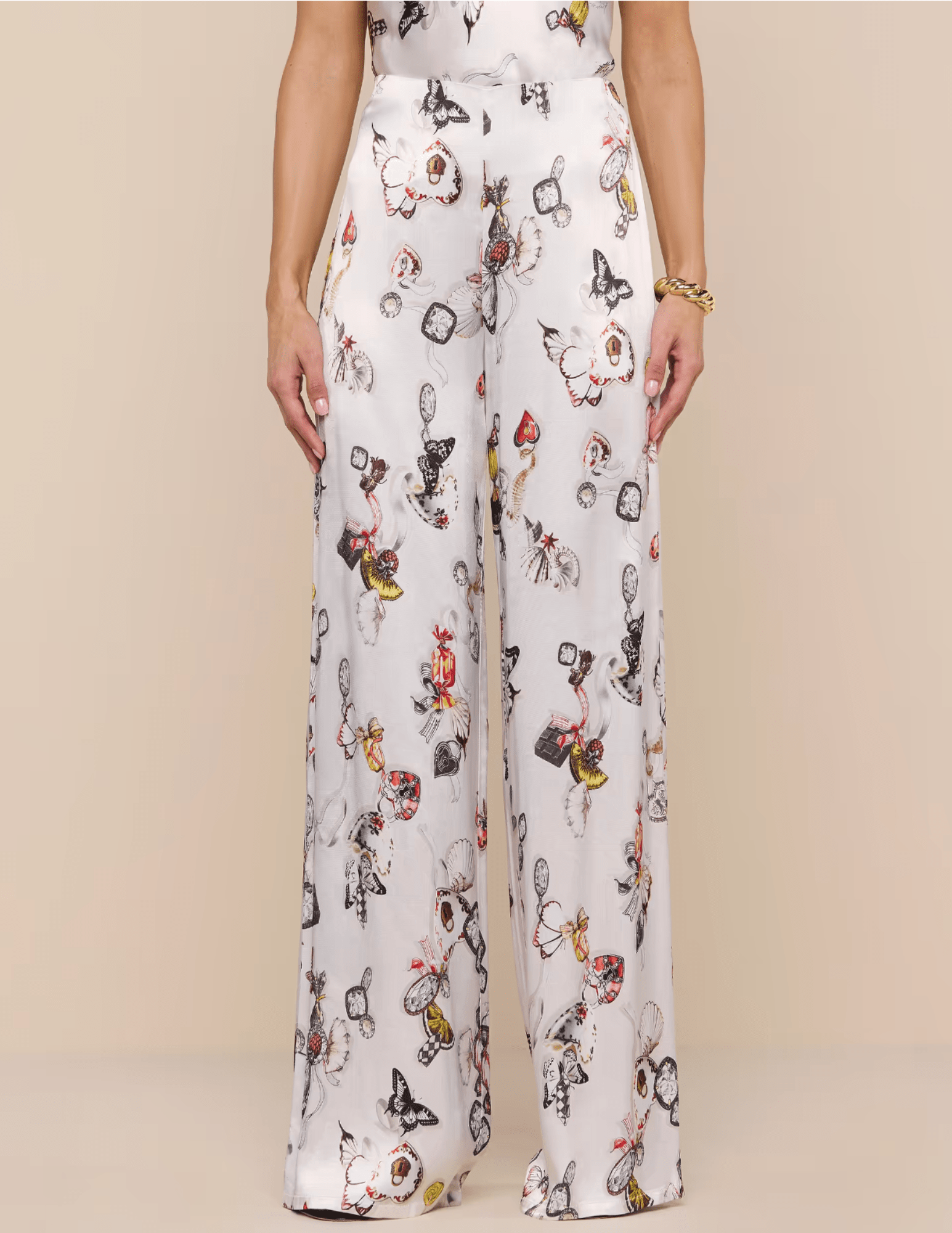 L'Agence - PRE-ORDER-L'AGENCE Kimia Satin Wide Leg Pant in Ecru Multi Butterfly Print - Buy Online