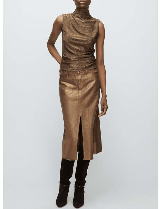 Veronica Beard - Veronica Beard Victoria Metallic Denim Midi Skirt in Antique Brass - Buy Online