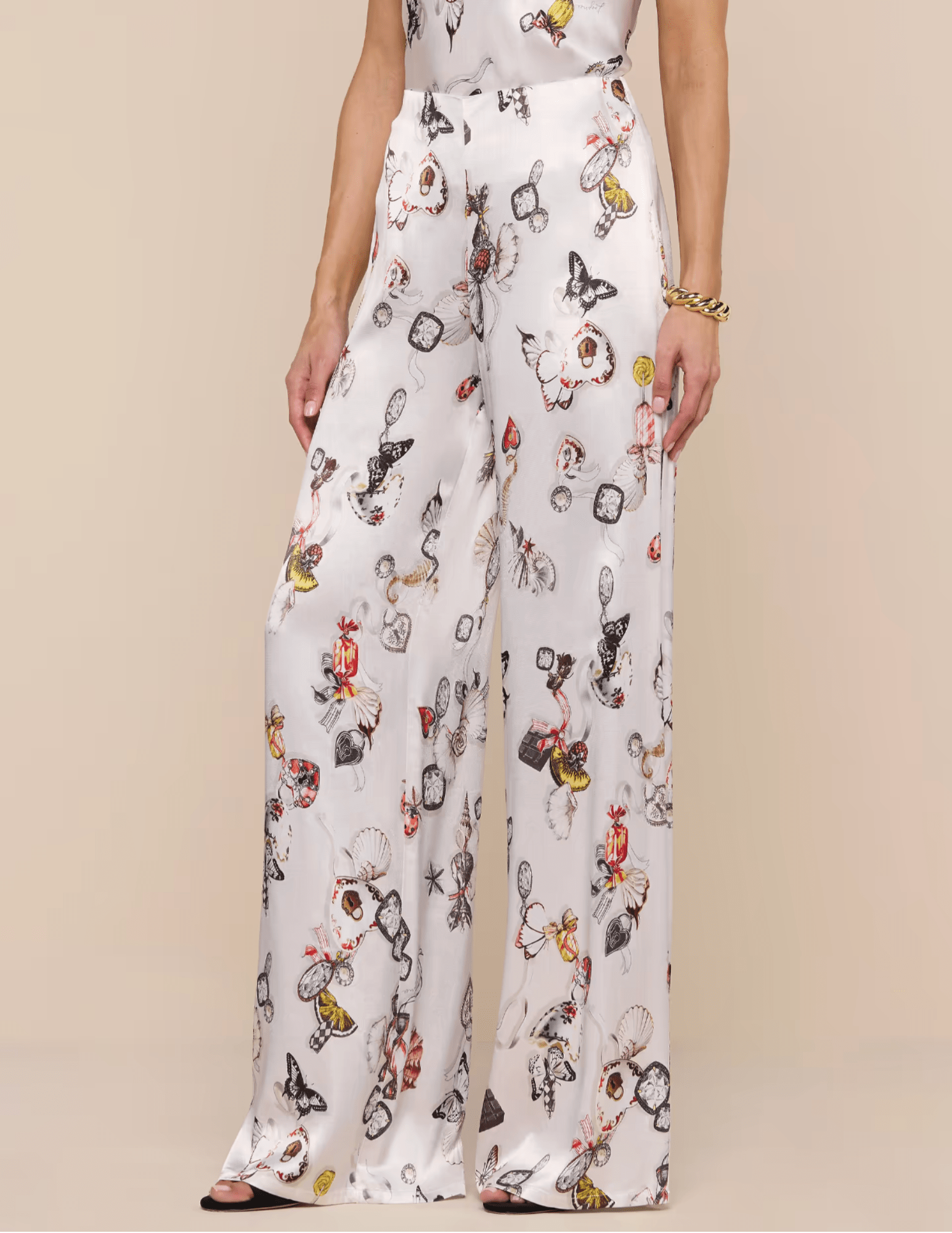 L'Agence - PRE-ORDER-L'AGENCE Kimia Satin Wide Leg Pant in Ecru Multi Butterfly Print - Buy Online