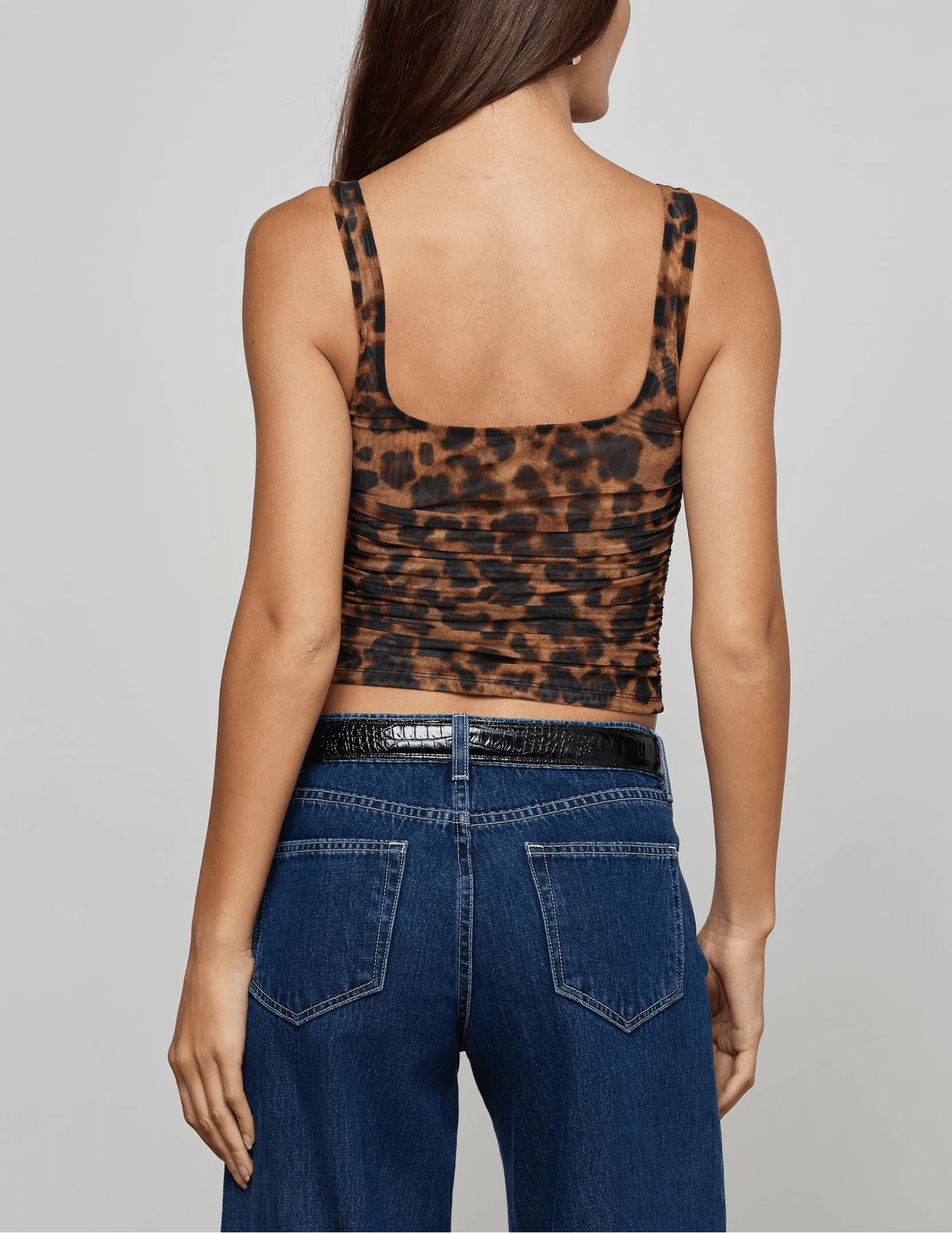 L'Agence - PRE-ORDER-L'AGENCE Rasha Shirred Mesh Tank in Brown Multi Amur Leopard - Buy Online