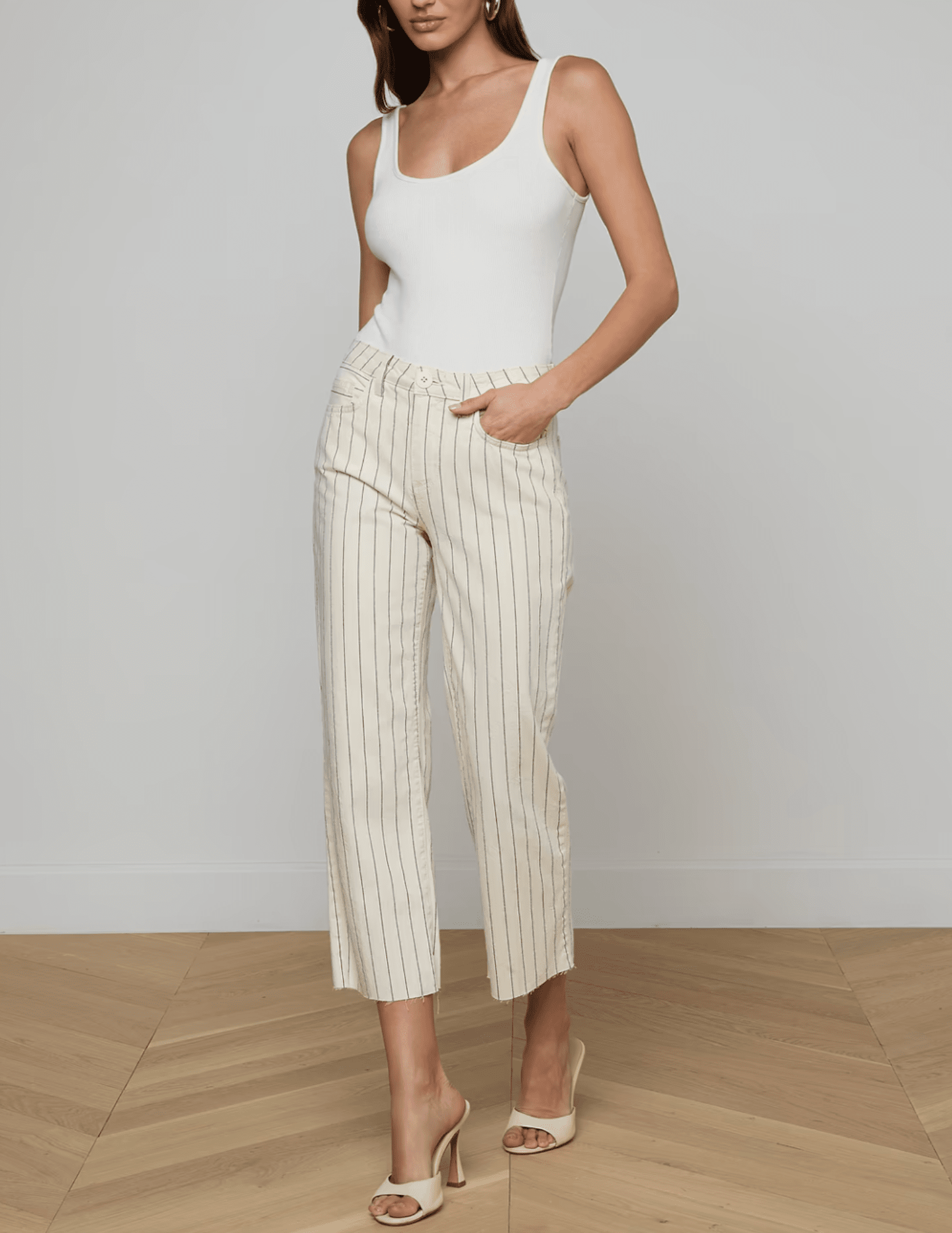 L'Agence - L'AGENCE Wanda High Rise Cropped Wide Leg Pant in Ecru Navy Stripe - Buy Online
