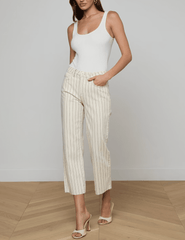 L'Agence - L'AGENCE Wanda High Rise Cropped Wide Leg Pant in Ecru Navy Stripe - Buy Online