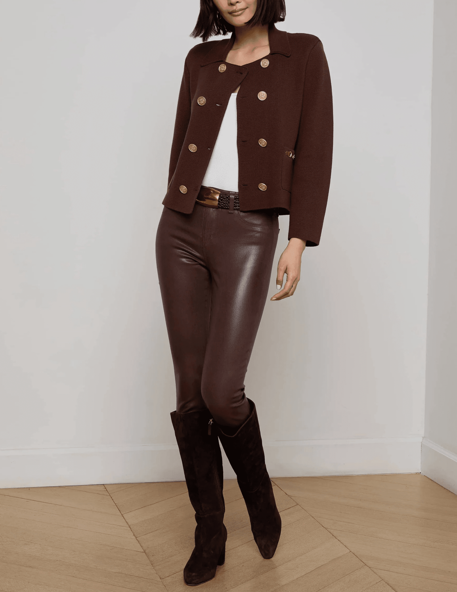 L'Agence - L'AGENCE Madilyn Double Breasted Knit Jacket in Chocolate Gold - Buy Online