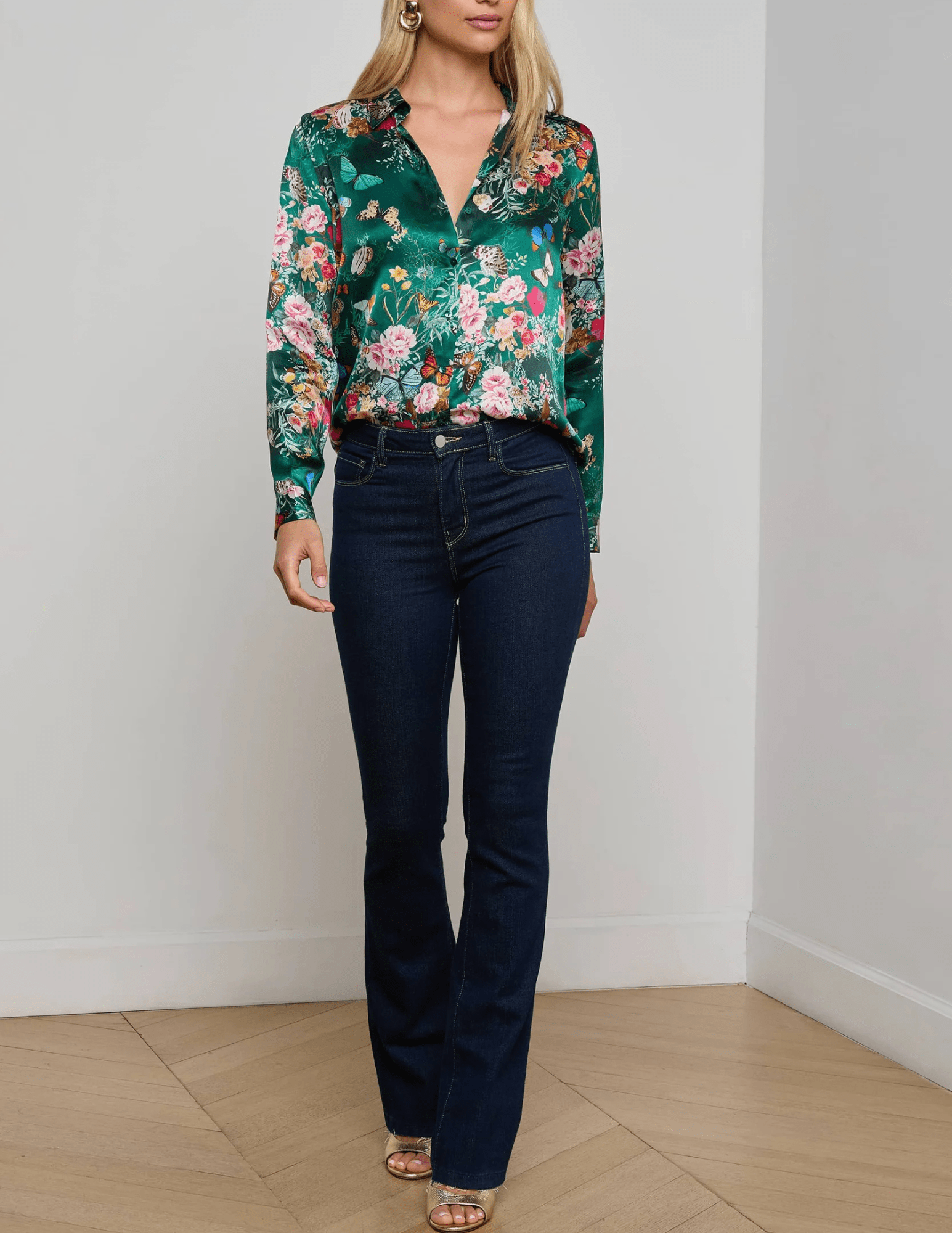 L'Agence - PRE-ORDER-L'AGENCE L'Agence Tyler Long Sleeve Blouse in Bottle Green Multi Charonda Butterfly - Buy Online