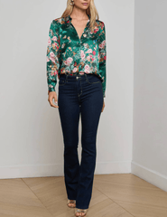 L'Agence - PRE-ORDER-L'AGENCE L'Agence Tyler Long Sleeve Blouse in Bottle Green Multi Charonda Butterfly - Buy Online