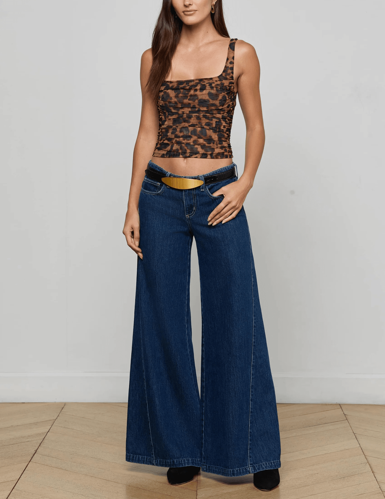 L'Agence - PRE-ORDER-L'AGENCE Rasha Shirred Mesh Tank in Brown Multi Amur Leopard - Buy Online