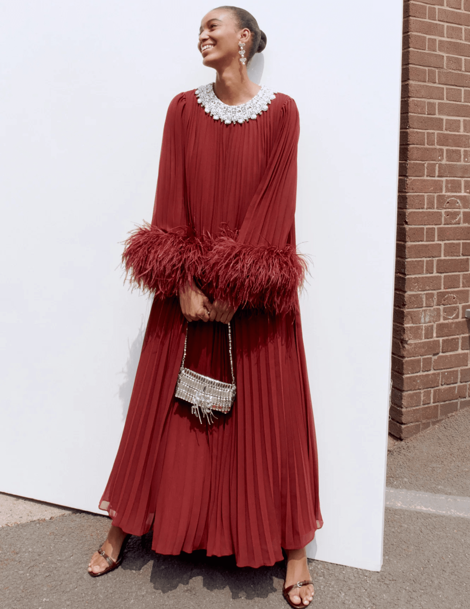Self-Portrait - Self-Portrait Chiffon Feather Midi Dress in Burgundy - Buy Online