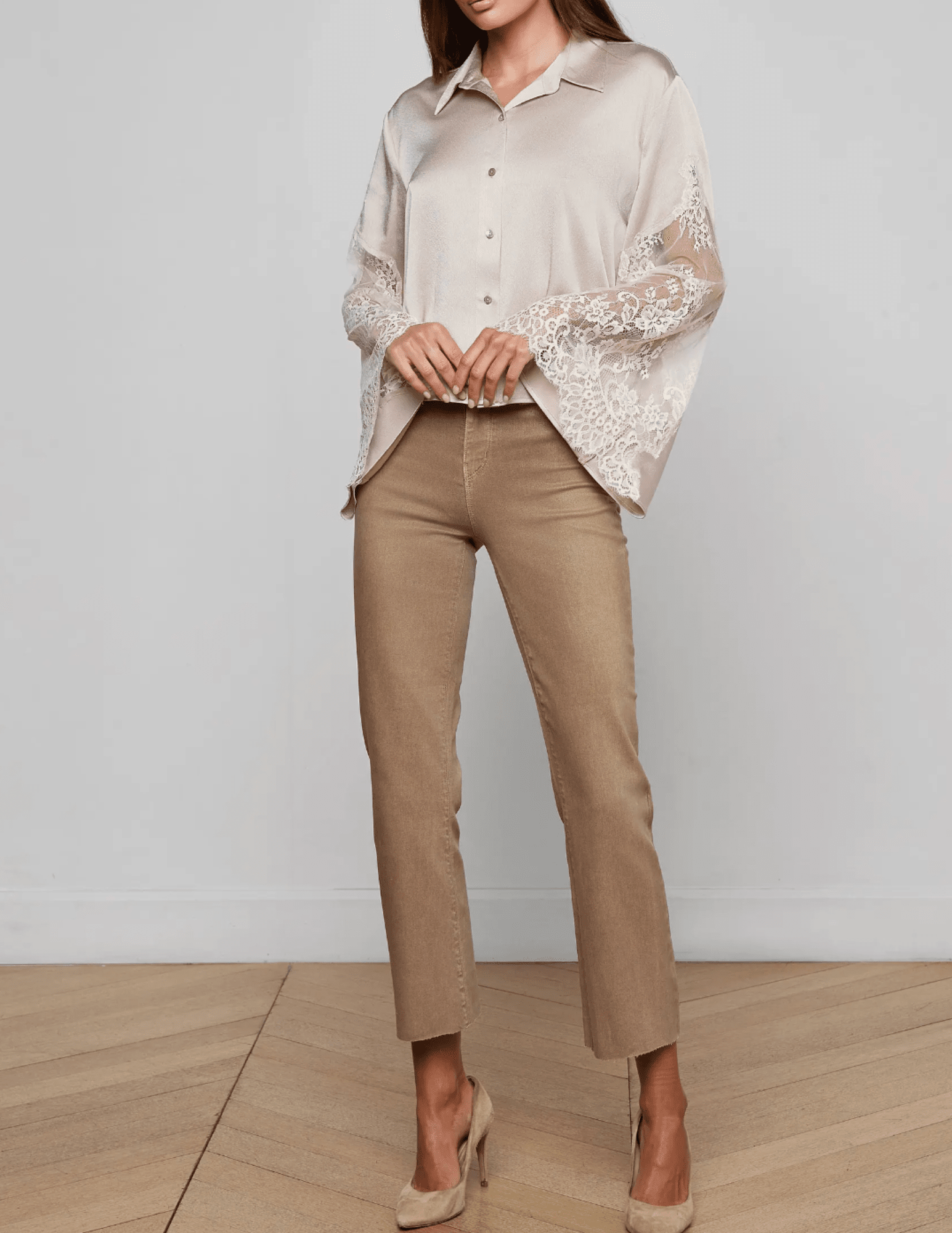 L'Agence - L'AGENCE Capri Lace Sleeve Blouse in Feather Grey - Buy Online