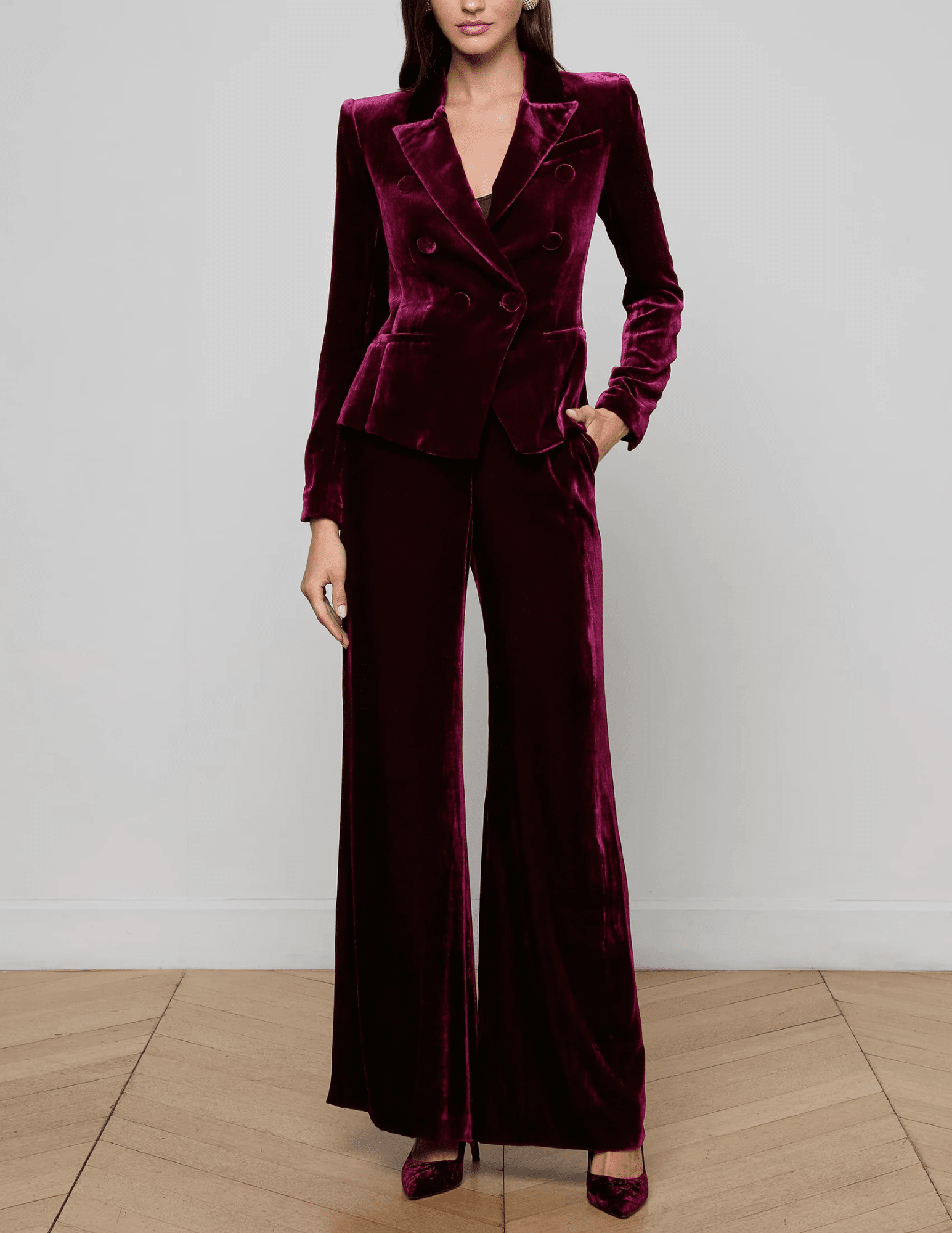 L'Agence - PRE-ORDER-L'AGENCE Marie Velvet Double Breasted Blazer in Dark Port - Buy Online