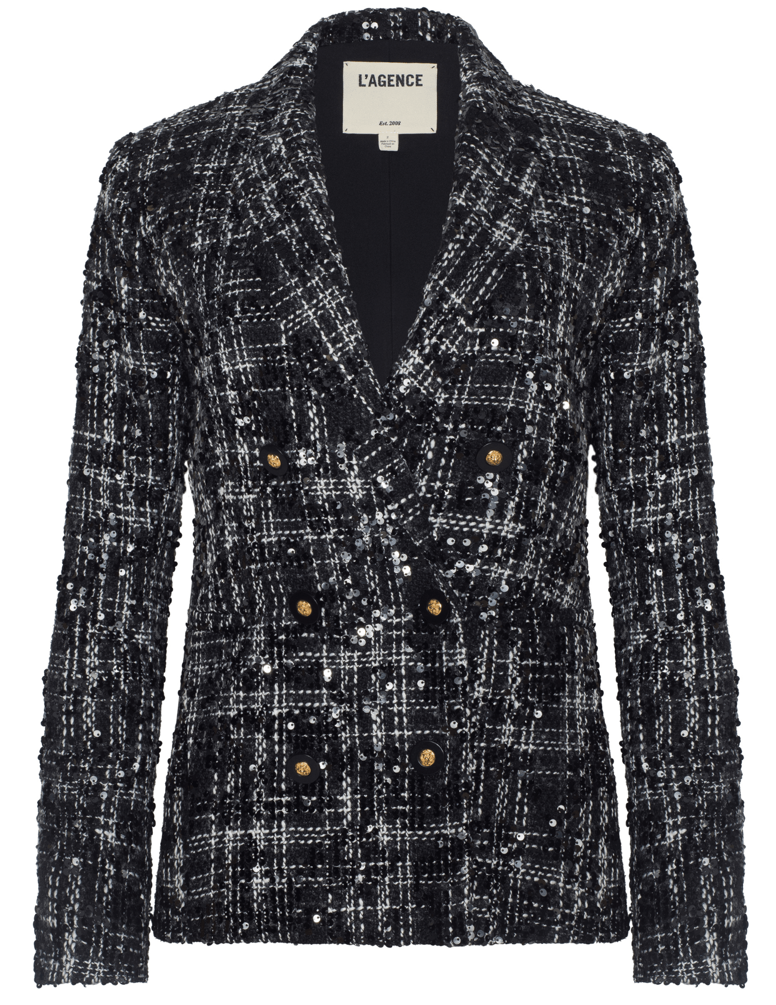 'AGENCE Colin Sequin Tweed Double Breasted Blazer in Black Ivory Tweed