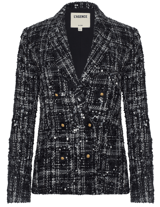 'AGENCE Colin Sequin Tweed Double Breasted Blazer in Black Ivory Tweed