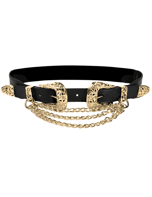 Austin Blaze Double Buckle Chain Stretch Belt in Black & Gold