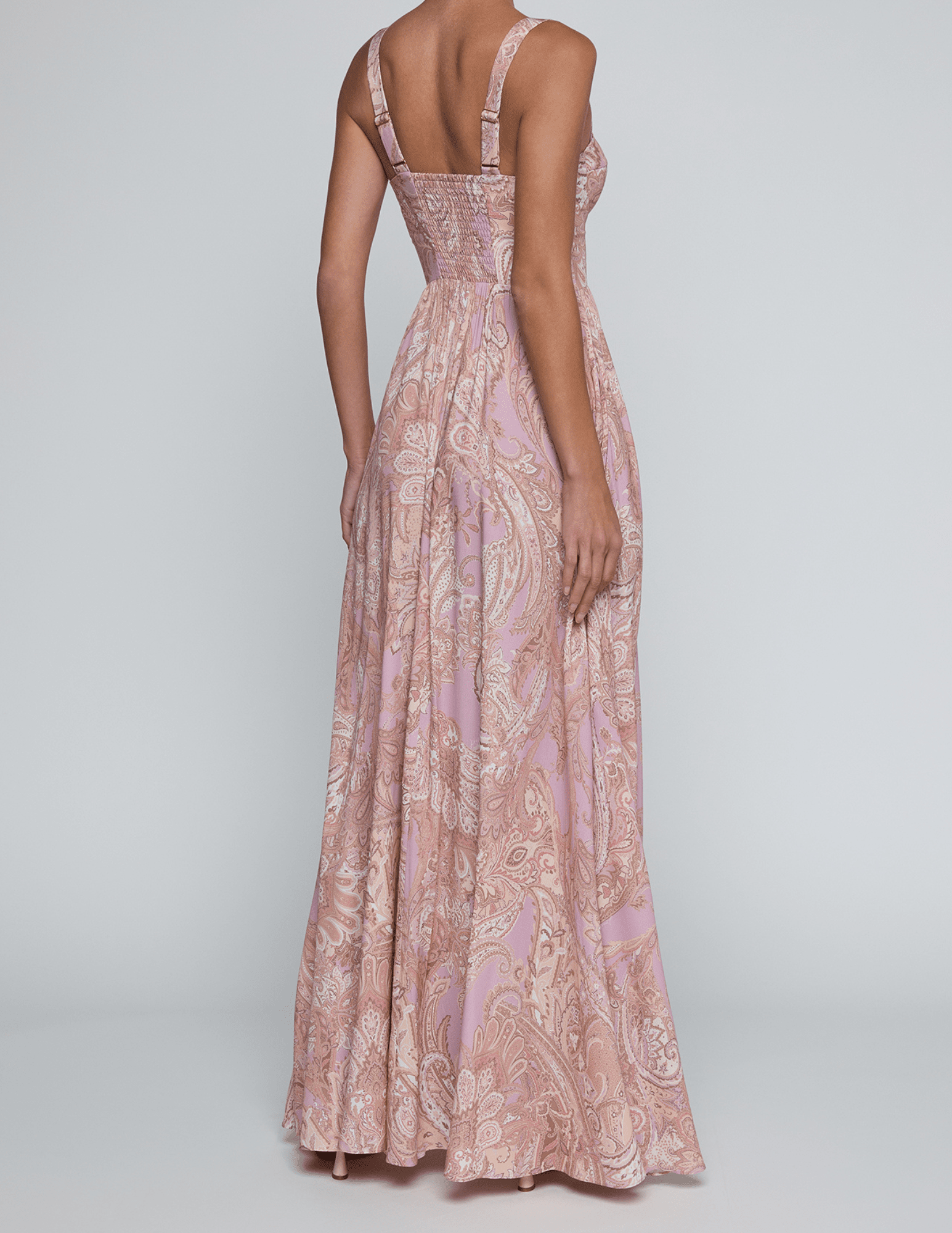 Back view of L'AGENCE Rosette Bustier Maxi Dress in Mauve Multi Paisley