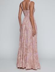 Back view of L'AGENCE Rosette Bustier Maxi Dress in Mauve Multi Paisley