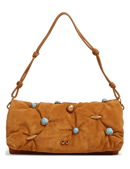 Cult Gaia Amalia Mini Suede Clutch in Toasted Caramel