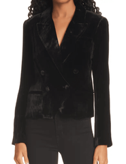 Front view of L'AGENCE Rory Double Breasted Blazer in Black Velvet