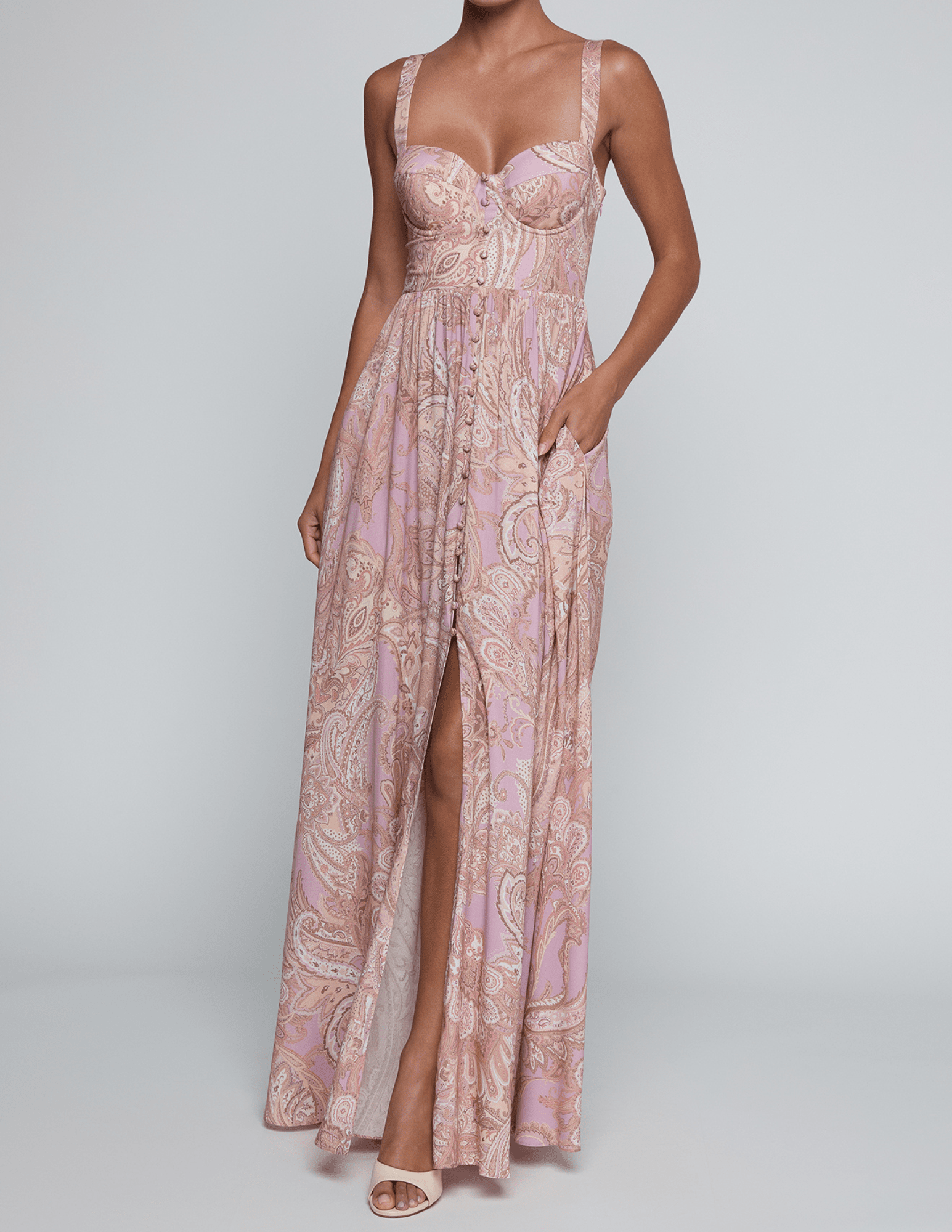 Front view of L'AGENCE Rosette Bustier Maxi Dress in Mauve Multi Paisley