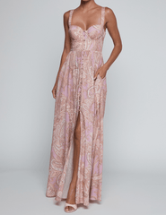 Front view of L'AGENCE Rosette Bustier Maxi Dress in Mauve Multi Paisley