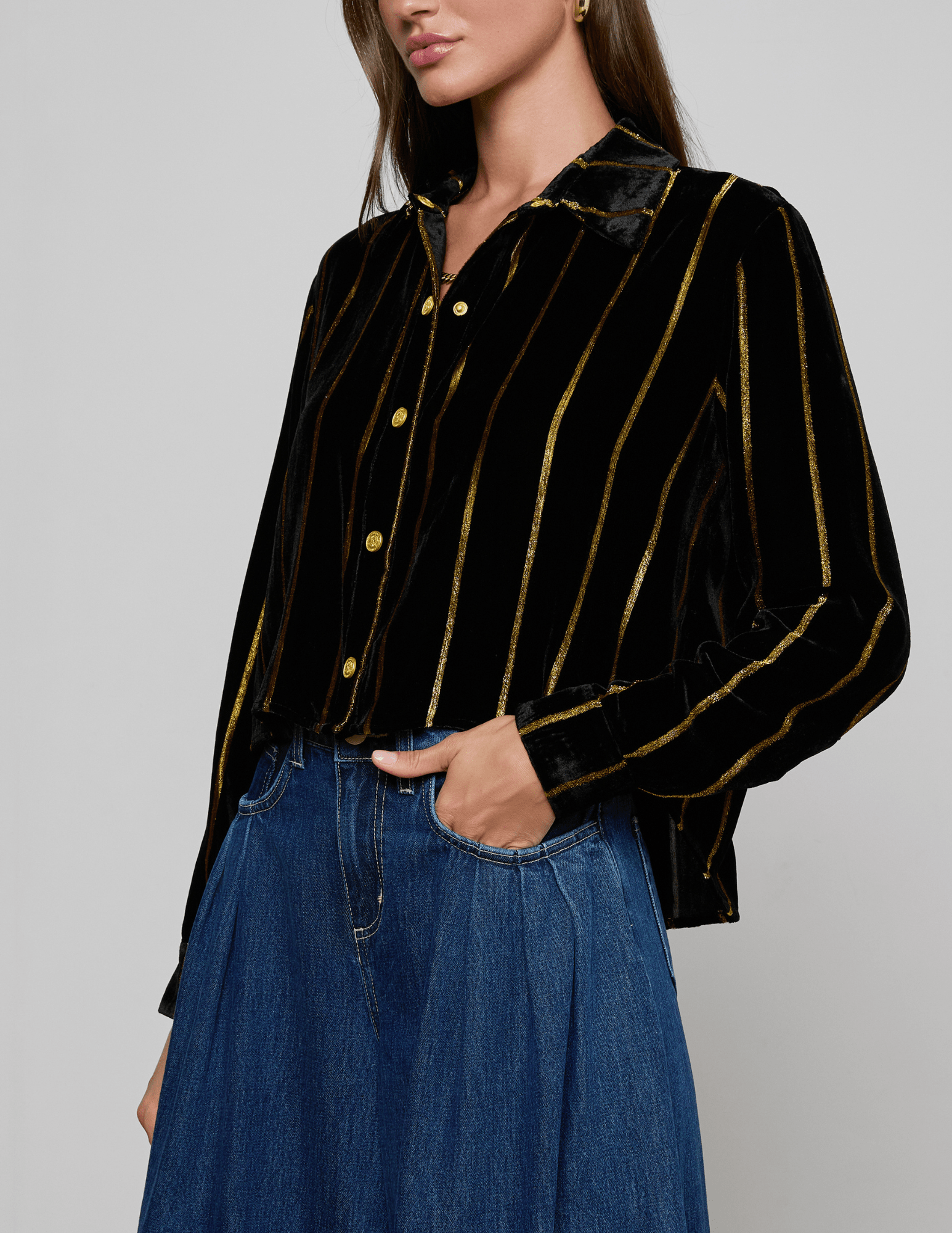 side L'AGENCE Cosette Cropped High Low Blouse in Black Gold Stripe