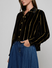 side L'AGENCE Cosette Cropped High Low Blouse in Black Gold Stripe
