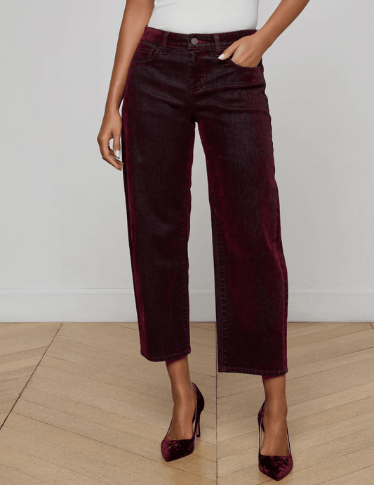 Front view of L'AGENCE Dolores Low Rise Bow Leg Burnout Velvet Jeans in Bordeaux