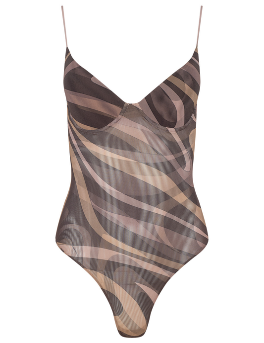 L'AGENCE Elowen Underwire Mesh Bodysuit in Sepia Abstract Swirl