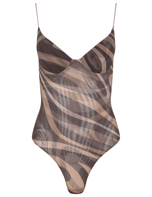 L'AGENCE Elowen Underwire Mesh Bodysuit in Sepia Abstract Swirl