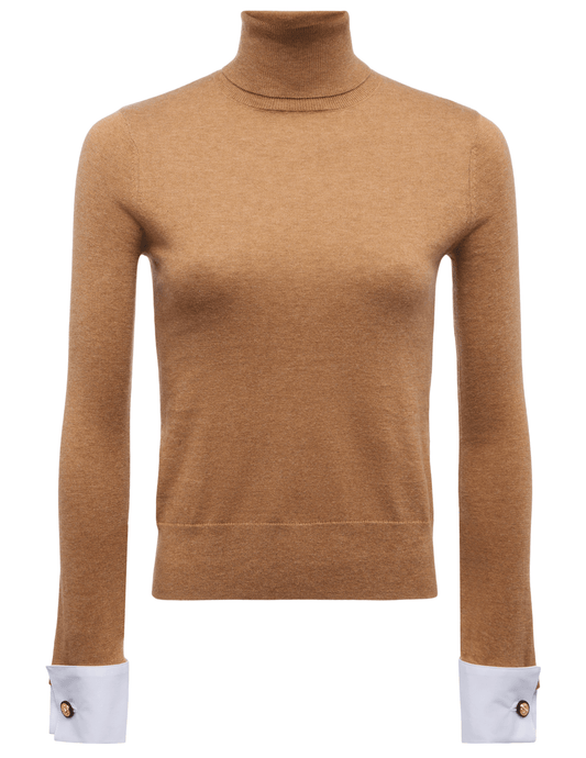 L’AGENCE Flora Poplin Cuff Turtleneck in Chestnut White