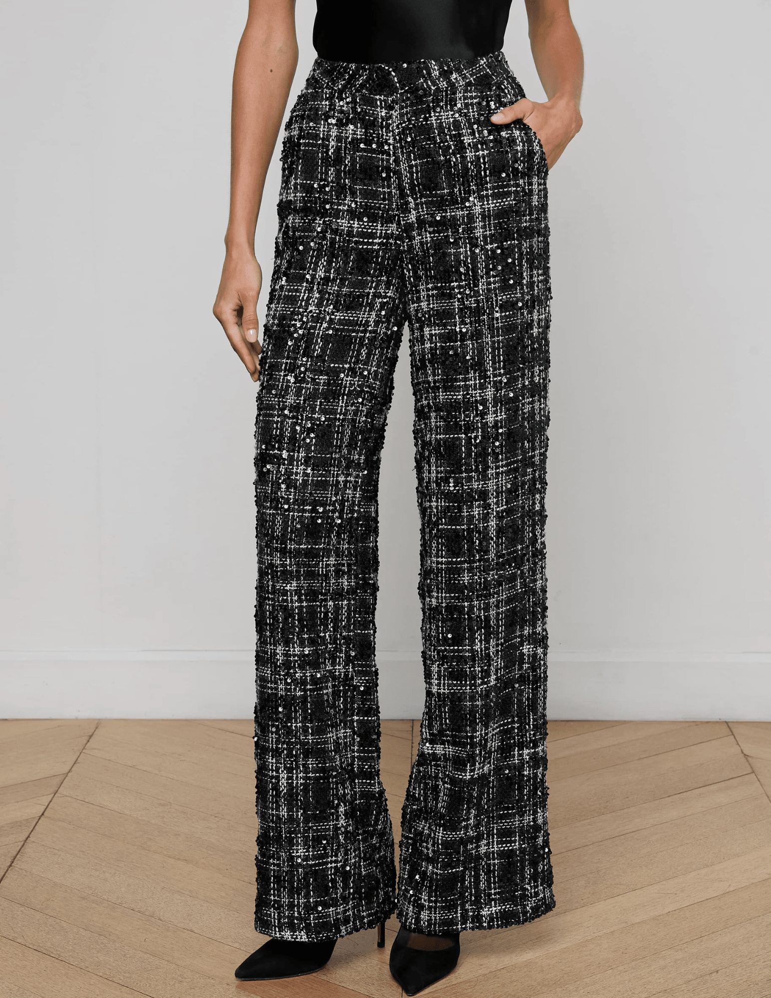 L'AGENCE Livvy Sequin Tweed Straight Leg Trouser in Black Ivory Tweed