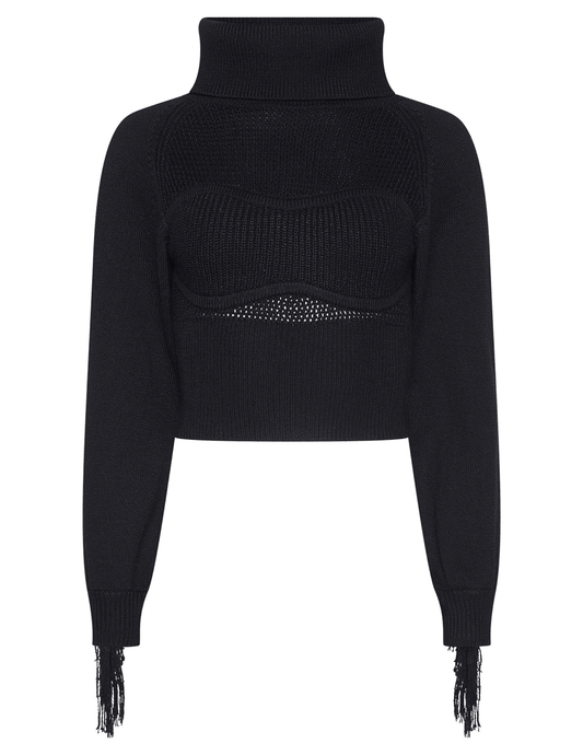 L'AGENCE Maddison Fringe Turtleneck Sweater in Black