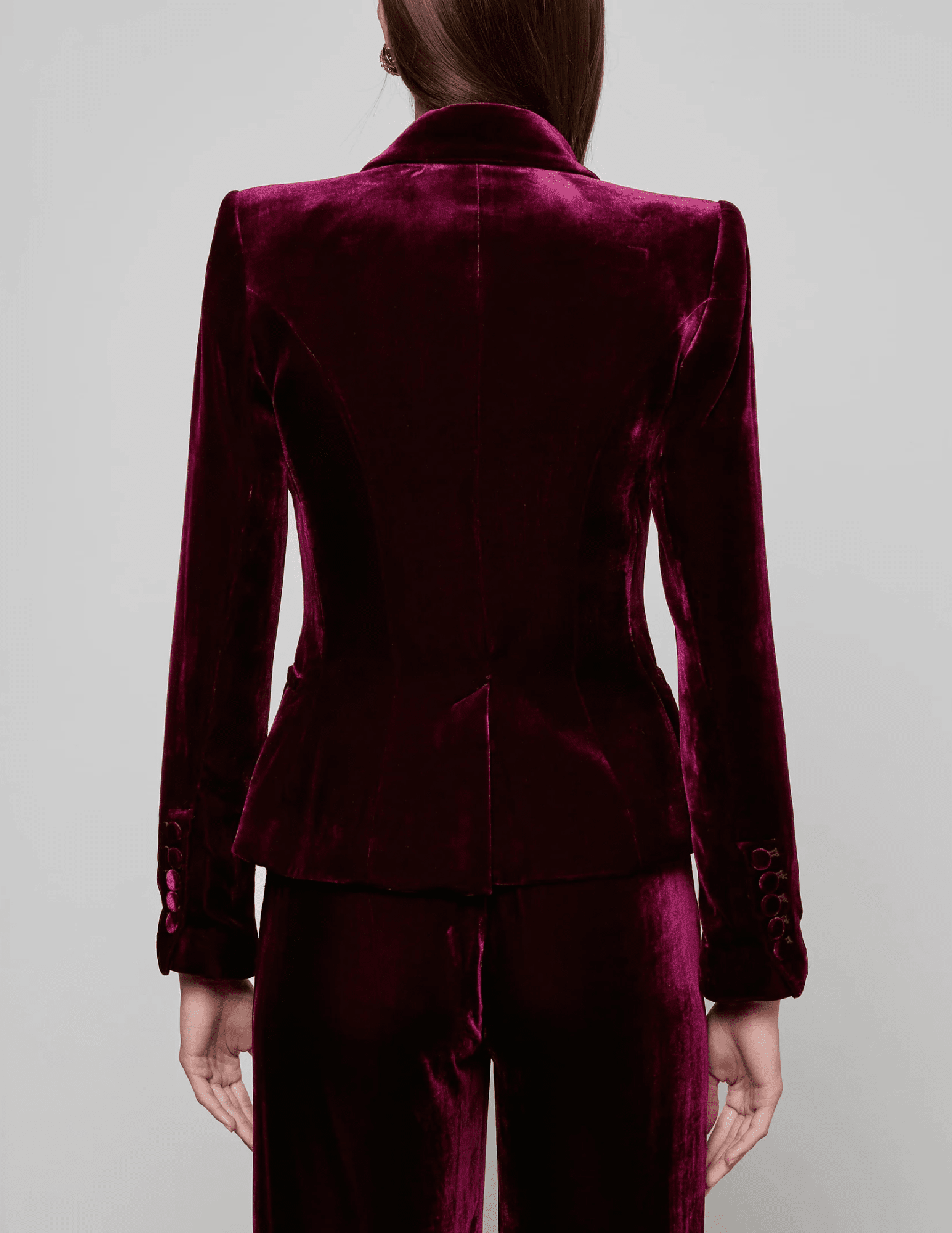 Back view o f ’AGENCE Marie Velvet Double Breasted Blazer in Dark Port burgundy