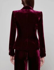 Back view o f ’AGENCE Marie Velvet Double Breasted Blazer in Dark Port burgundy
