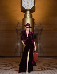 L’AGENCE Pilar Velvet Wide Leg Pant in Dark Port velvet styled in FW25 presentation