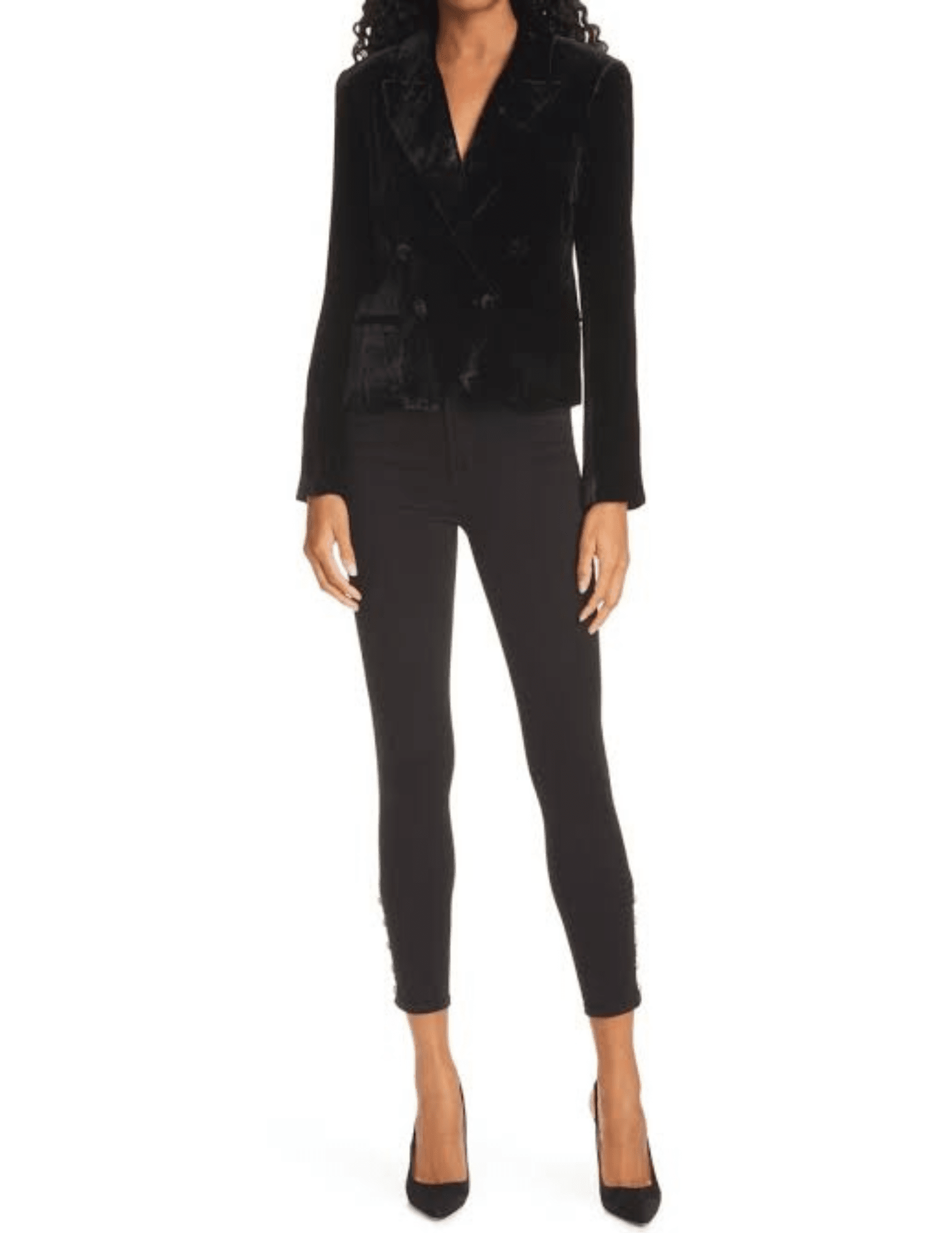 Full body view of L'AGENCE Rory Double Breasted Blazer in Black Velvet