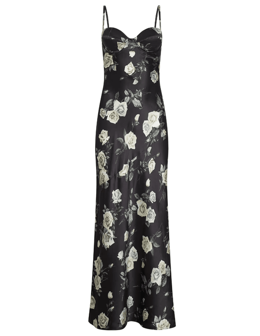 L'AGENCE Sayla Silk Maxi Dress in Black Ivory Romantic Rose