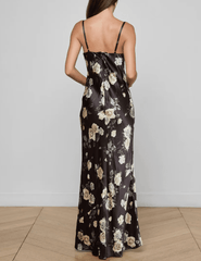 Back view of L'AGENCE Sayla Silk Maxi Dress in Black Ivory Romantic Rose