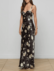 Side view of L'AGENCE Sayla Silk Maxi Dress in Black Ivory Romantic Rose