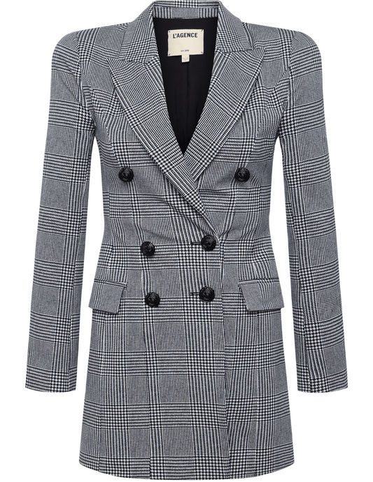 L'AGENCE Tora Blazer Mini Dress in Black White Glen Plaid