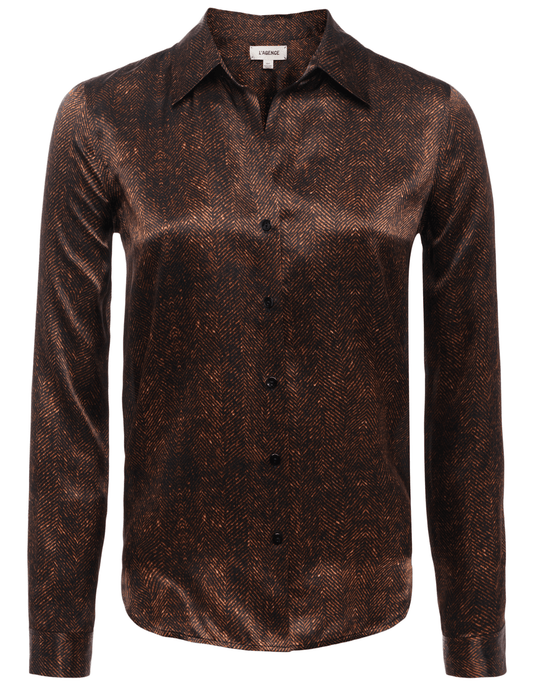 L’AGENCE Tyler Long Sleeve Blouse in Brown Herringbone print