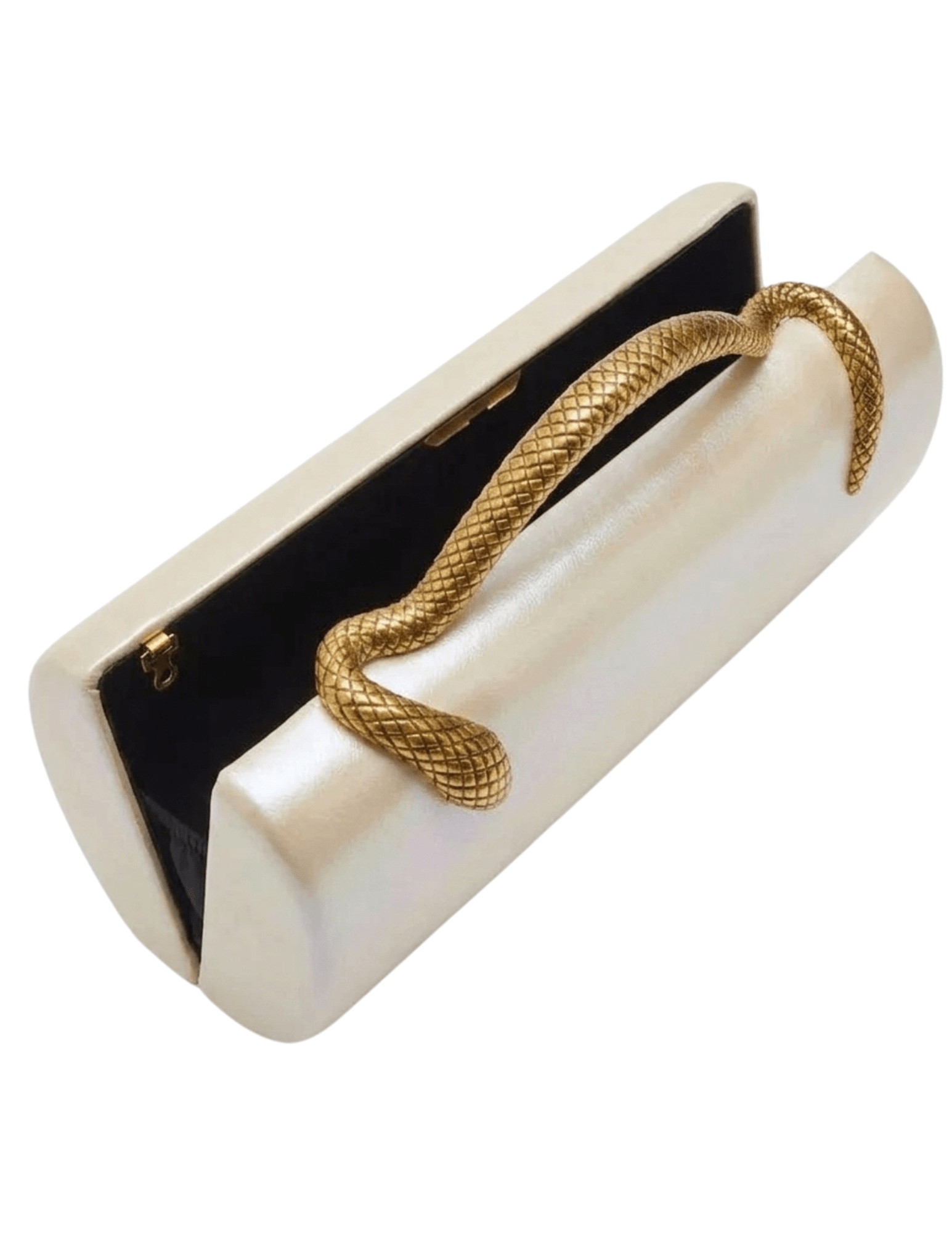 Open view of Austin Blaze Irisa Serpant Leather Clutch in Ivory